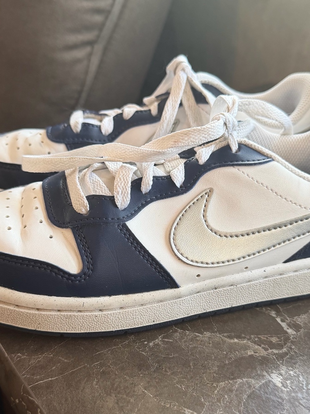 Nike Kids White and Navy Low-Top Sneakers with Silver Swoosh